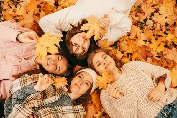 秋天的肖像快乐的女学生们玩树叶 在公园里躺在地上微笑 尽收眼底 一群人尽情欢乐 看着相机 — 图库照片