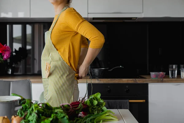 Tanınmayan Bir Kadın Çizgili Önlük Giyip Mutfakta Yemek Pişirmeye Hazırlanıyor — Stok fotoğraf