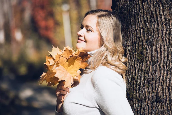 Happy Blonde Light Cashmere Sweater Bouquet Fallen Leaves Stands Pressed — Stock Photo, Image