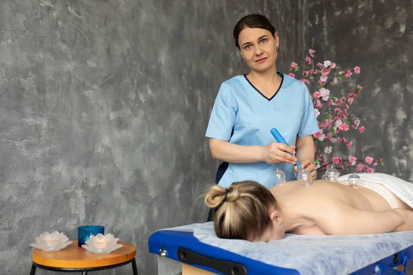 Female Physiotherapist Look Camera Massage Patient Spa Cosmetology Salon Cellulite — Stockfoto