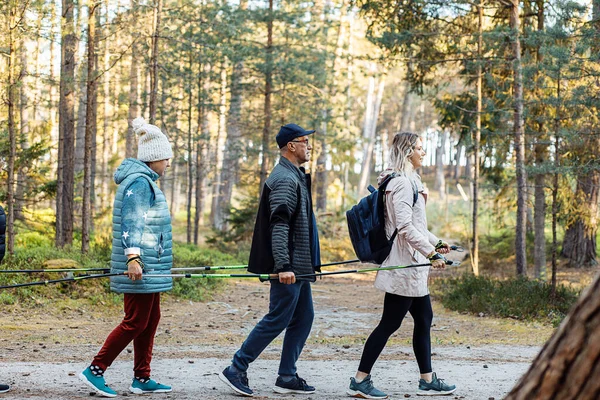 Side view of three people with backpack make Scandinavian, Nordic walking one by one, hold trekking sticks as team group in forest. Stepping technic for good posture. Healthy exercise education