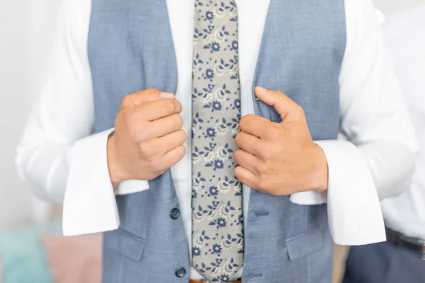 Cropped Photo Man Groom Fiance Wearing Blue Stylish Vest White — Zdjęcie stockowe