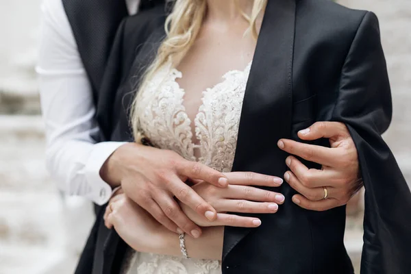 Cropped Photo Wedding Couple Standing Old White Concrete Stairs Outdoors — стокове фото