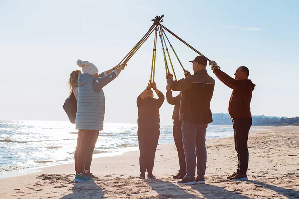 Group People Different Ages Warm Clothes Camp Making Nordic Walking — стоковое фото