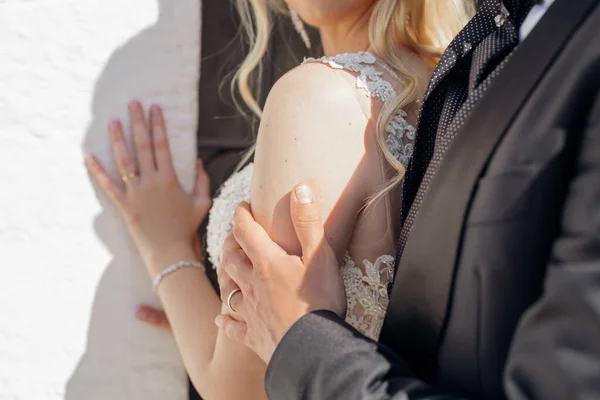 Cropped Photo Loving Wedding Couple Standing Street Young Woman Long — Stock Fotó