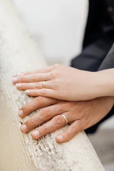 Cropped Photo Hands Loving Couple Wedding Rings Brides Hand Covering —  Fotos de Stock