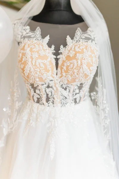 Amazing White Wedding Embroidered Dress Tender Floral Patterns Long Gorgeous — Stock Photo, Image