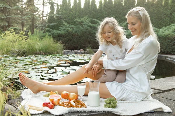 Portrait Joyful Family Cute Little Girl Stretching Hand Milk Sitting — 스톡 사진