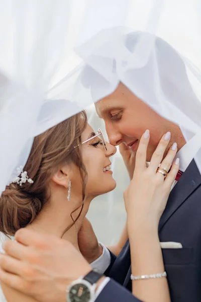 Vista Lateral Maravillosa Pareja Sonriente Boda Pie Bajo Velo Nupcial — Foto de Stock