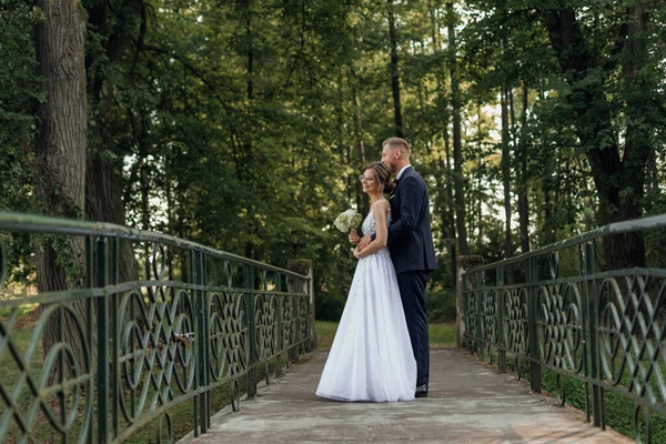 这对神奇的新婚夫妇站在公园桥上的绿树旁 年轻漂亮的女人拿着伴娘的花束 年轻的新郎穿着西服从后面拥抱新娘 — 图库照片