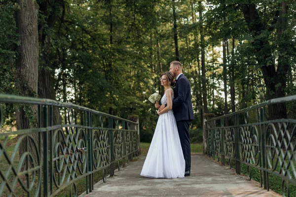 Vista Lateral Casal Casamento Incrível Perto Árvores Verdes Ponte Parque — Fotografia de Stock