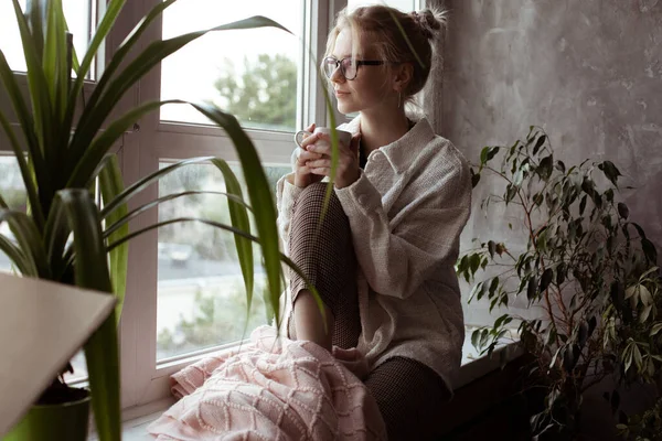 Blissful Calm Pensive Young Blond Woman Eyeglasses Look Out Window — Stock Photo, Image