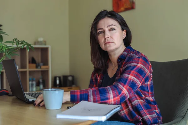 Calm, silent, tired, stressed and thoughtful dark-haired woman using laptop in office and looking out window light, while drink coffee. Seasonal depression at terrible work, mental health problem