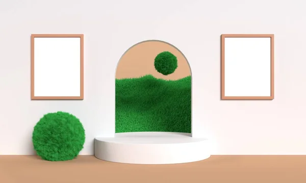 Minimalist abstract scene background with empty white frame for mockup illustration. 3d render.