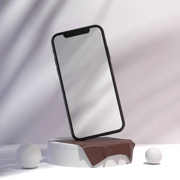 Schermo Bianco Vuoto Dello Smartphone Con Display Podio Illustrazione Mockup — Foto Stock