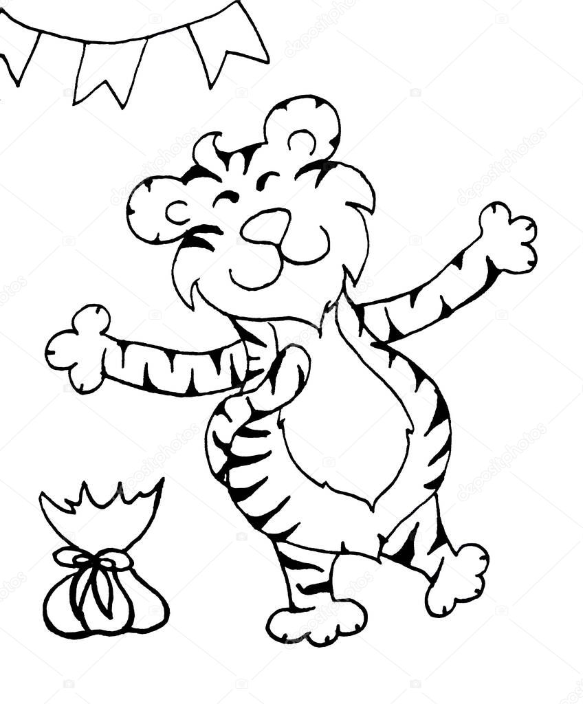 A cheerful tiger on a holiday in the set. High quality illustration. Cartoon bull voor een vakantie, reclame. Prachtig model.