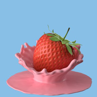 Çilekli süt, izole edilmiş paket sıvısı ya da yoğurt sıçraması, kırpma yolu da dahil. 3d illüstrasyon.