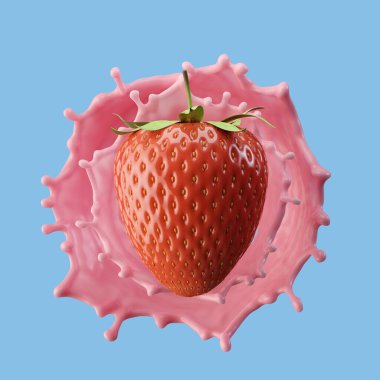 Çilekli süt, izole edilmiş paket sıvısı ya da yoğurt sıçraması, kırpma yolu da dahil. 3d illüstrasyon.