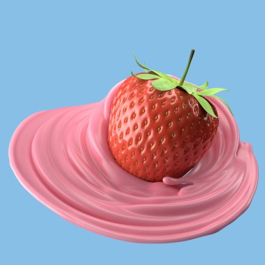 Çilekli süt, izole edilmiş paket sıvısı ya da yoğurt sıçraması, kırpma yolu da dahil. 3d illüstrasyon.