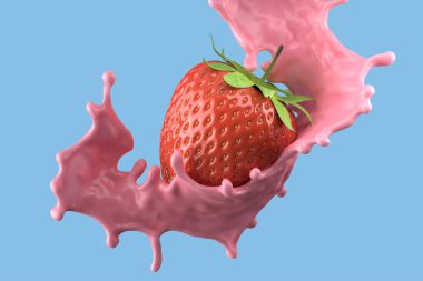 Çilekli süt, izole edilmiş paket sıvısı ya da yoğurt sıçraması, kırpma yolu da dahil. 3d illüstrasyon.