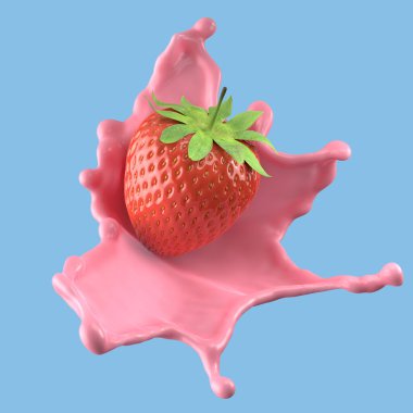Çilekli süt, izole edilmiş paket sıvısı ya da yoğurt sıçraması, kırpma yolu da dahil. 3d illüstrasyon.