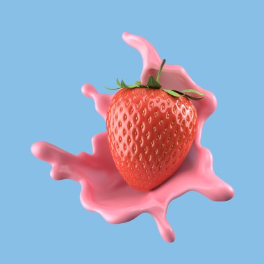 Çilekli süt, izole edilmiş paket sıvısı ya da yoğurt sıçraması, kırpma yolu da dahil. 3d illüstrasyon.