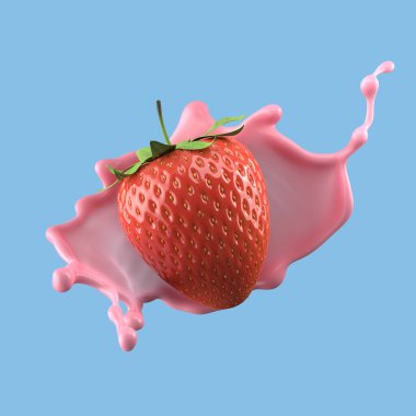 Çilekli süt, izole edilmiş paket sıvısı ya da yoğurt sıçraması, kırpma yolu da dahil. 3d illüstrasyon.