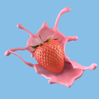 Çilekli süt, izole edilmiş paket sıvısı ya da yoğurt sıçraması, kırpma yolu da dahil. 3d illüstrasyon.