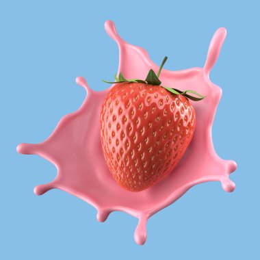 Çilekli süt, izole edilmiş paket sıvısı ya da yoğurt sıçraması, kırpma yolu da dahil. 3d illüstrasyon.