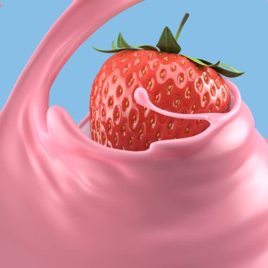 Çilekli süt, izole edilmiş paket sıvısı ya da yoğurt sıçraması, kırpma yolu da dahil. 3d illüstrasyon.