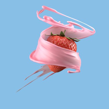 Çilekli süt, izole edilmiş paket sıvısı ya da yoğurt sıçraması, kırpma yolu da dahil. 3d illüstrasyon.