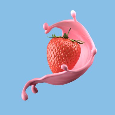 Çilekli süt, izole edilmiş paket sıvısı ya da yoğurt sıçraması, kırpma yolu da dahil. 3d illüstrasyon.