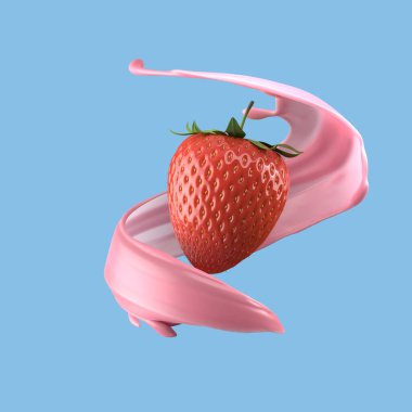 Çilekli süt, izole edilmiş paket sıvısı ya da yoğurt sıçraması, kırpma yolu da dahil. 3d illüstrasyon.