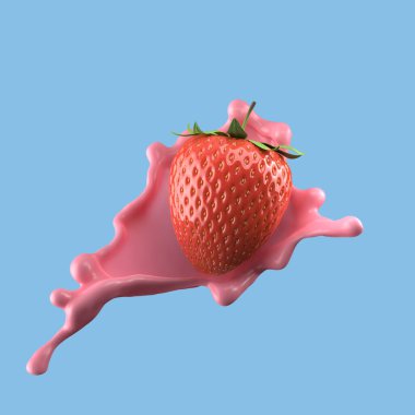Çilekli süt, izole edilmiş paket sıvısı ya da yoğurt sıçraması, kırpma yolu da dahil. 3d illüstrasyon.
