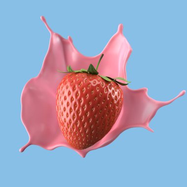 Çilekli süt, izole edilmiş paket sıvısı ya da yoğurt sıçraması, kırpma yolu da dahil. 3d illüstrasyon.