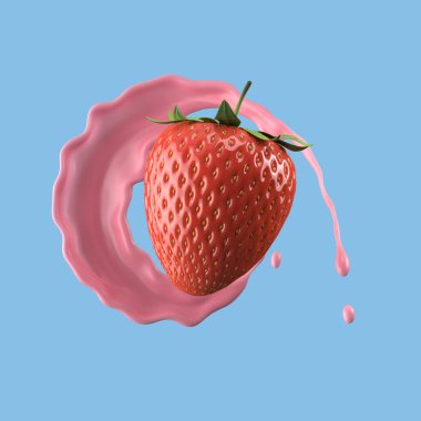 Çilekli süt, izole edilmiş paket sıvısı ya da yoğurt sıçraması, kırpma yolu da dahil. 3d illüstrasyon.
