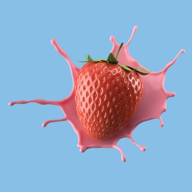 Çilekli süt, izole edilmiş paket sıvısı ya da yoğurt sıçraması, kırpma yolu da dahil. 3d illüstrasyon.