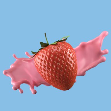 Çilekli süt, izole edilmiş paket sıvısı ya da yoğurt sıçraması, kırpma yolu da dahil. 3d illüstrasyon.