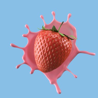 Çilekli süt, izole edilmiş paket sıvısı ya da yoğurt sıçraması, kırpma yolu da dahil. 3d illüstrasyon.