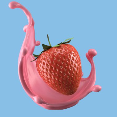 Çilekli süt, izole edilmiş paket sıvısı ya da yoğurt sıçraması, kırpma yolu da dahil. 3d illüstrasyon.