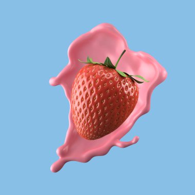 Çilekli süt, izole edilmiş paket sıvısı ya da yoğurt sıçraması, kırpma yolu da dahil. 3d illüstrasyon.