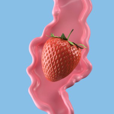 Çilekli süt, izole edilmiş paket sıvısı ya da yoğurt sıçraması, kırpma yolu da dahil. 3d illüstrasyon.