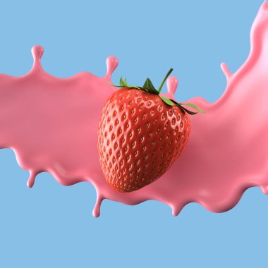 Çilekli süt, izole edilmiş paket sıvısı ya da yoğurt sıçraması, kırpma yolu da dahil. 3d illüstrasyon.