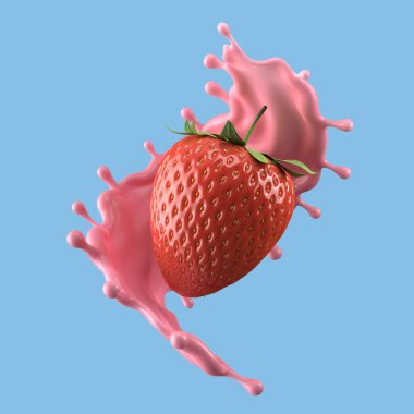 Çilekli süt, izole edilmiş paket sıvısı ya da yoğurt sıçraması, kırpma yolu da dahil. 3d illüstrasyon.