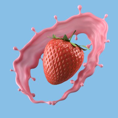 Çilekli süt, izole edilmiş paket sıvısı ya da yoğurt sıçraması, kırpma yolu da dahil. 3d illüstrasyon.