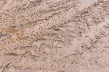 Tekerlek desenli arka plandaki kirli kumlu yol toprağı üzerindeki aracın iz izi.