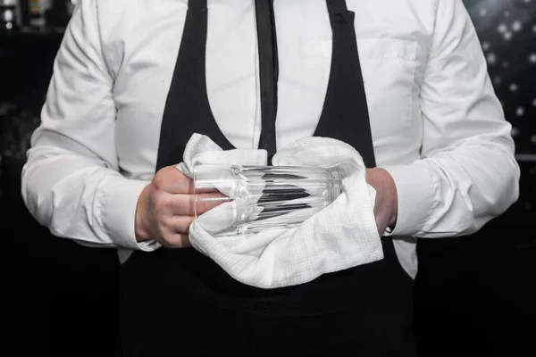 Hands Professional Bartender Rub Glass Glass White Cloth — Stock Photo, Image