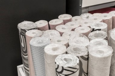 Ev tasarımı ve odanın duvarlarının iç dekorasyonu için rulolardaki farklı duvar kağıdı malzemelerinden örnekler..