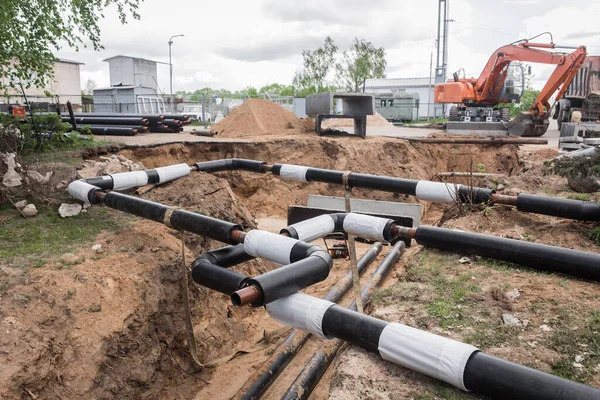 Repair Water Line Heating Main Pipe Ground Trench Pipeline Construction — Stock Photo, Image