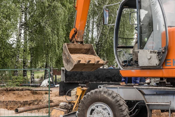 Bucket Shovel Excavator Sand Earth Earthmoving Excavation Work Construction Site — Stock Photo, Image